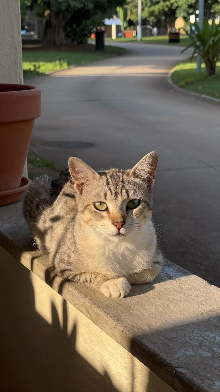 Khaomanee Cat Resting on Shaded Porch Ledge in along a quiet park path with soft open shade and a clean background near Campinas