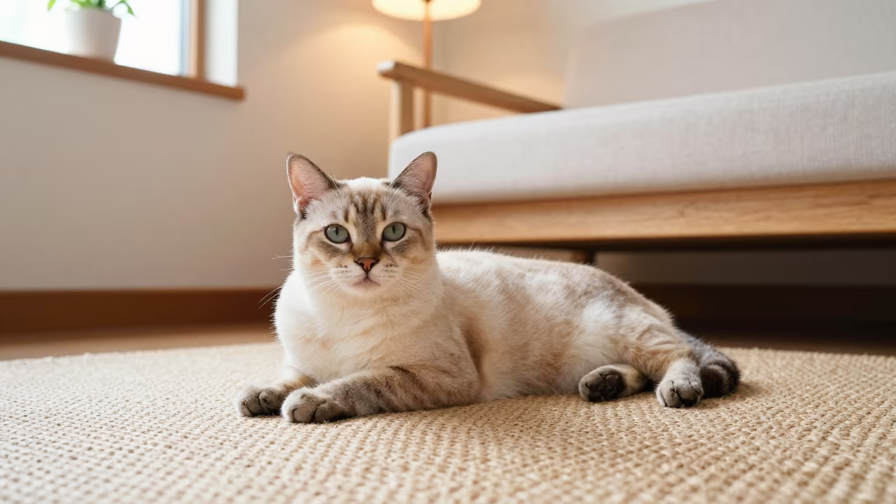 Khaomanee Cat with Clear Breed Features Lounging Indoors in on a woven rug beside a low couch and an uncluttered wall in Constantine