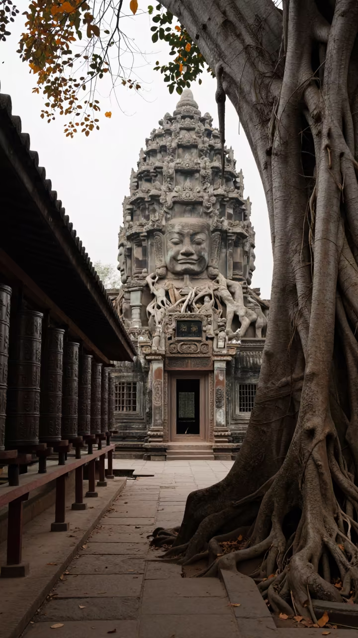 Khmer Face Tower Amid Roots in Tianjin Corridor in beside a prayer wheel corridor in Tianjin
