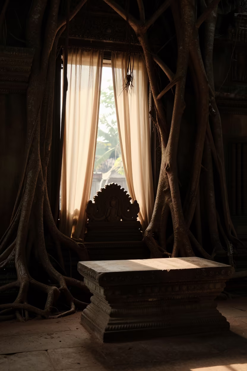 Khmer Temple Silhouette Almaty Altar Dawn in at the foot of a stone altar in Almaty