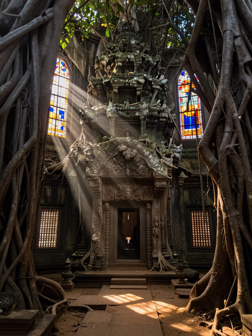 Khmer Temple Stone Wrapped in Banyan Roots in in a chapel lit by stained glass in San Jose