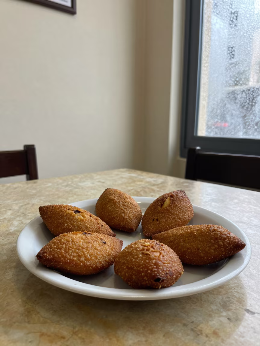 Kibbeh Plate on Diner Table in Haifa in at a roadside diner table in Haifa