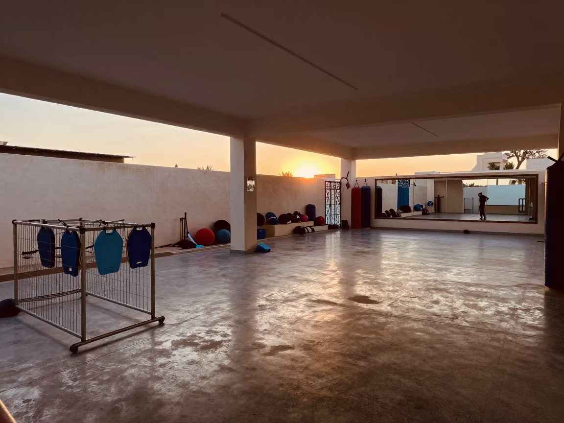 Kickboard Drying Fence Sunset Yoga Studio in inside a yoga studio before the session begins in Asyut