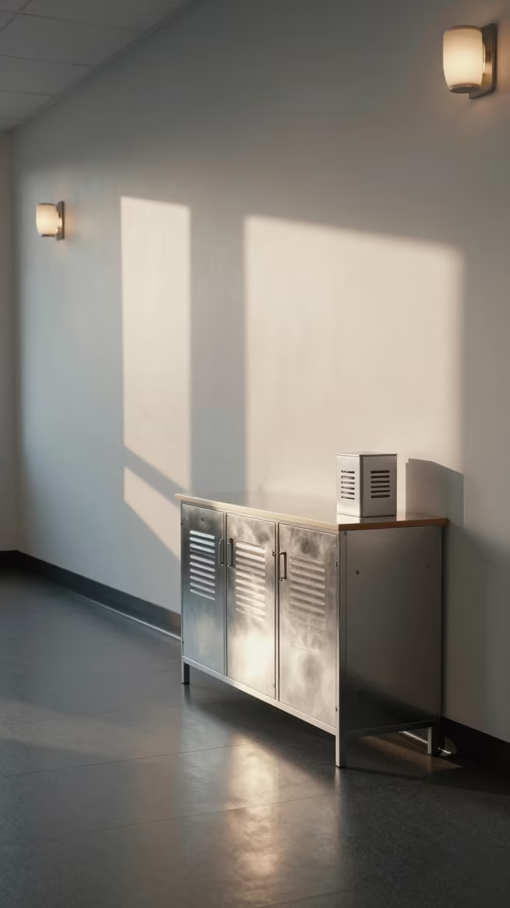Kickboard Stencil Tin on Gym Desk at Dawn in at a gym check-in desk in St Petersburg
