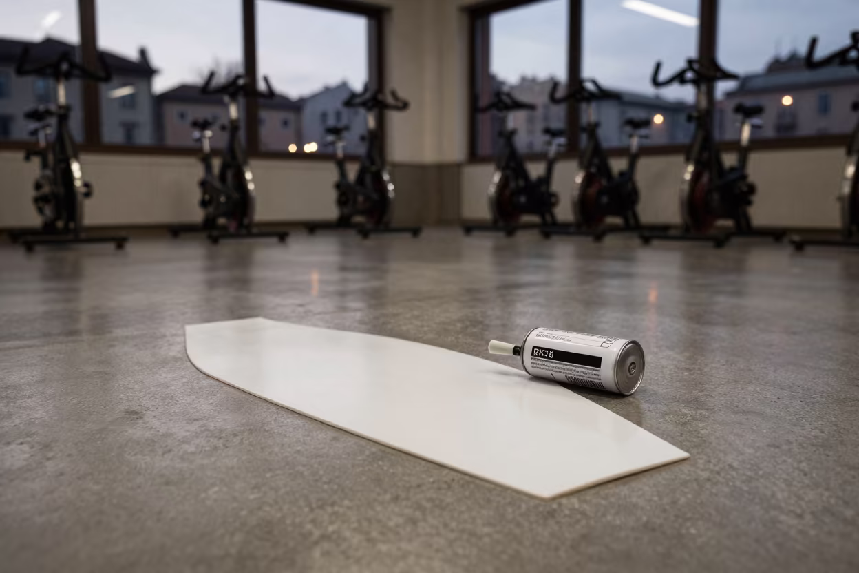 Kickboard Stencil Tin in Trento Spin Studio in inside a spin studio under class lights in Trento