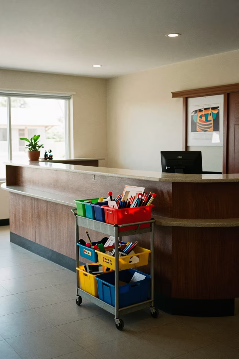 Kids Club Craft Cart Reset at Francistown Reception in at a reception desk under warm light near Francistown
