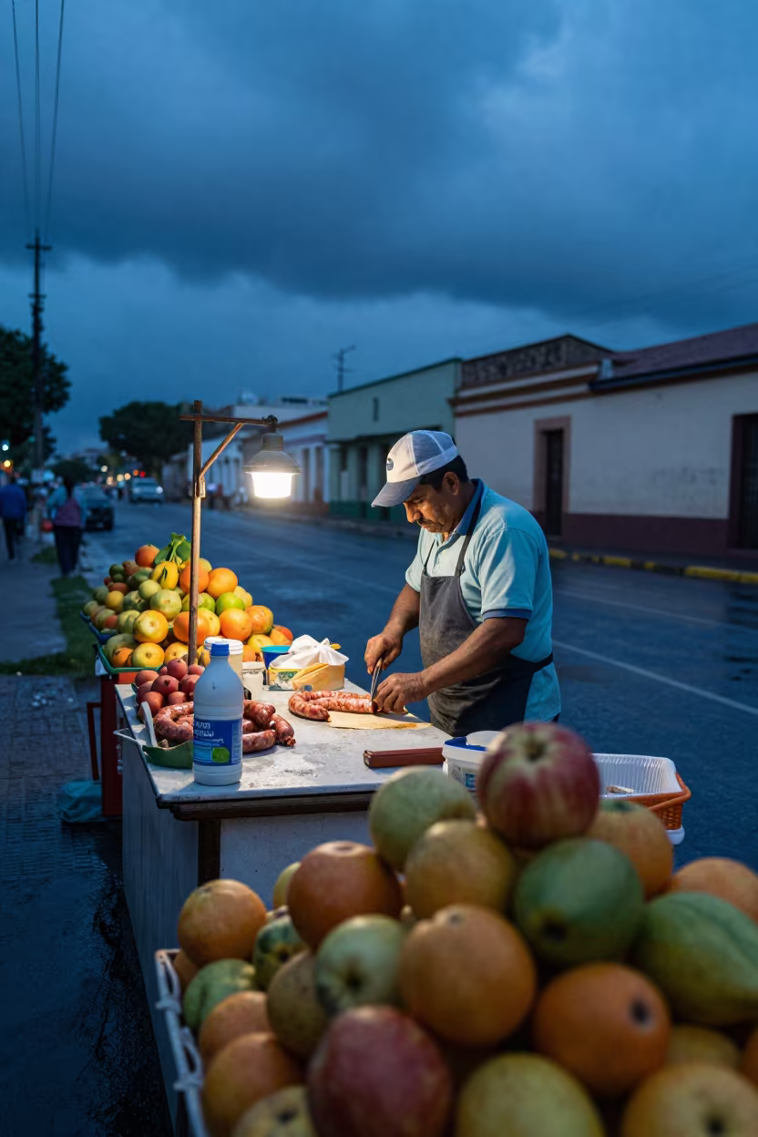Kielbasa Sliced at Blue Hour in Asuncion in at a roadside fruit stand in Asuncion