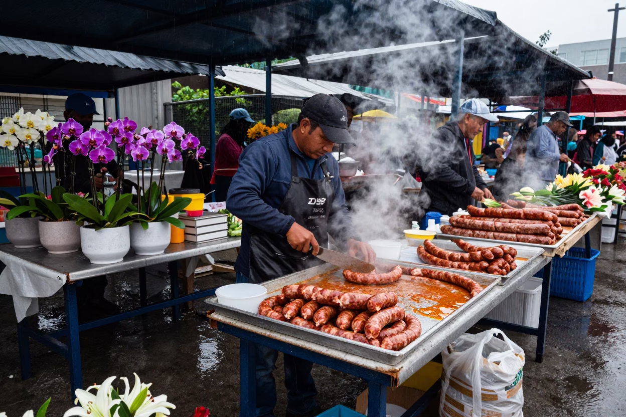 Kielbasa Vendor at Guatemala Flower Auction Dawn in at a flower auction bench in Guatemala City