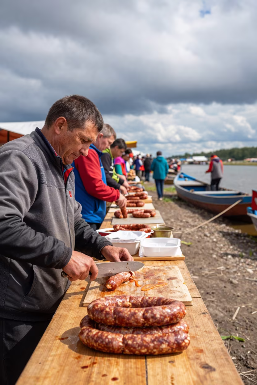 Kielbasa Vendor Slicing Meat at Orsk Market in at a floating market boat in Orsk