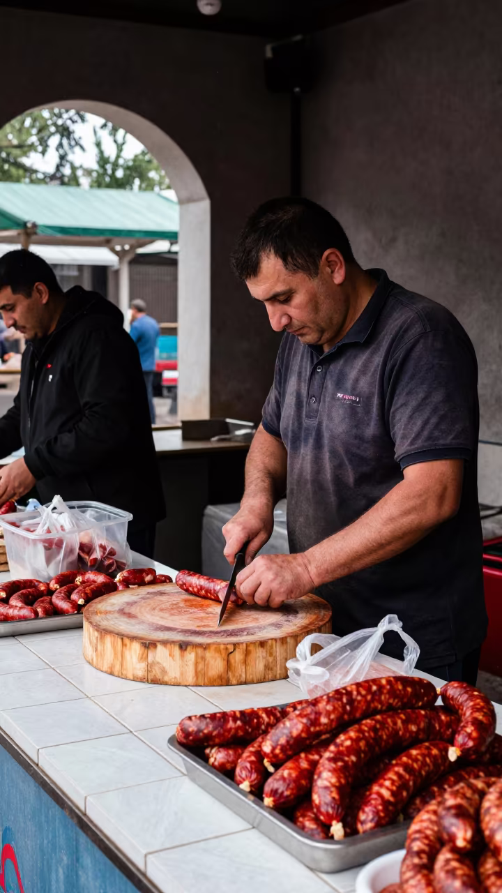 Kielbasa Vendor Slicing Sausage in Tashkent Market in at a market stall in Tashkent