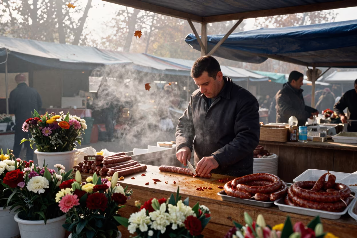 Kielbasa Vendor Slicing at Sivas Flower Market in at a flower auction bench in Sivas