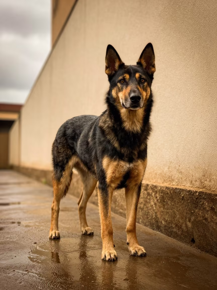 Kigali Kelpie on Courtyard Path in Monsoon Light in beside a plain courtyard wall in clear daylight with the animal at eye level in Kigali