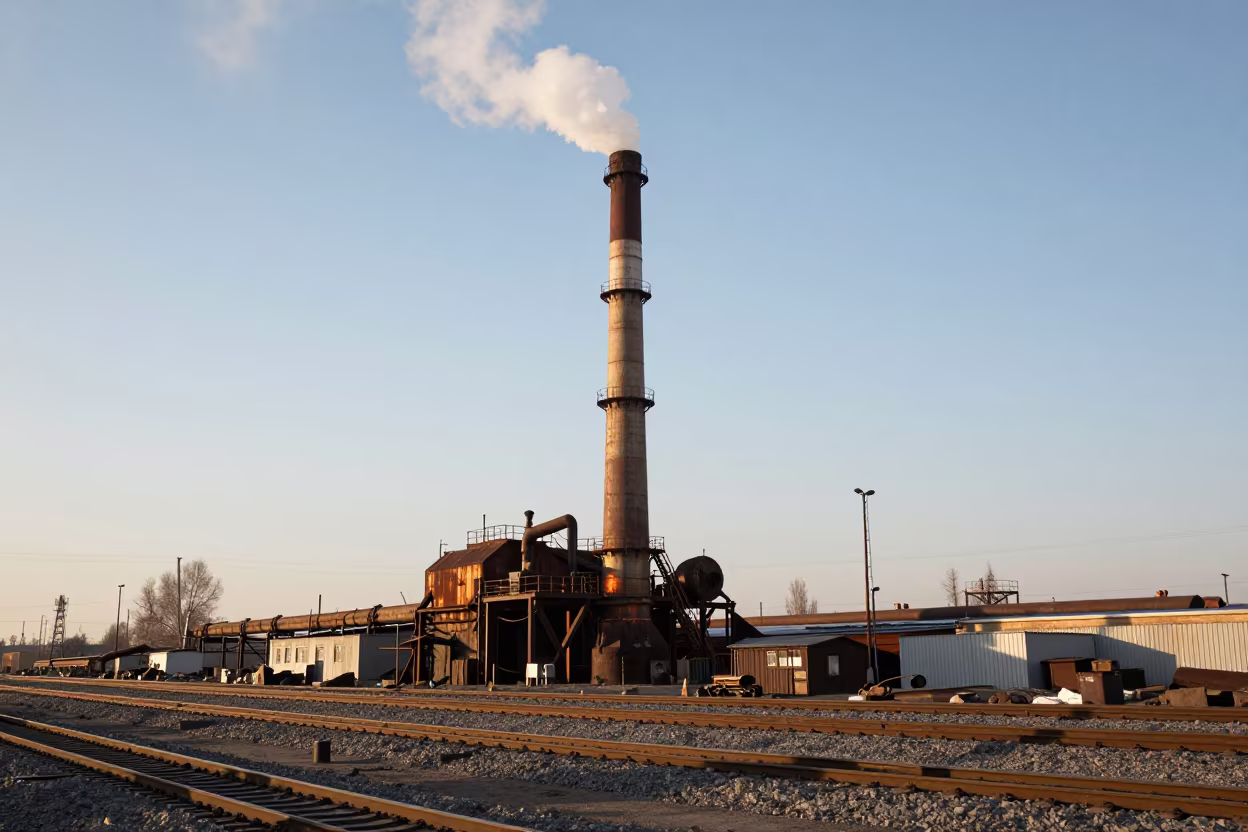 Kiln Chimney Smoke in Winter Rail Yard in at a rail yard near Tashkent