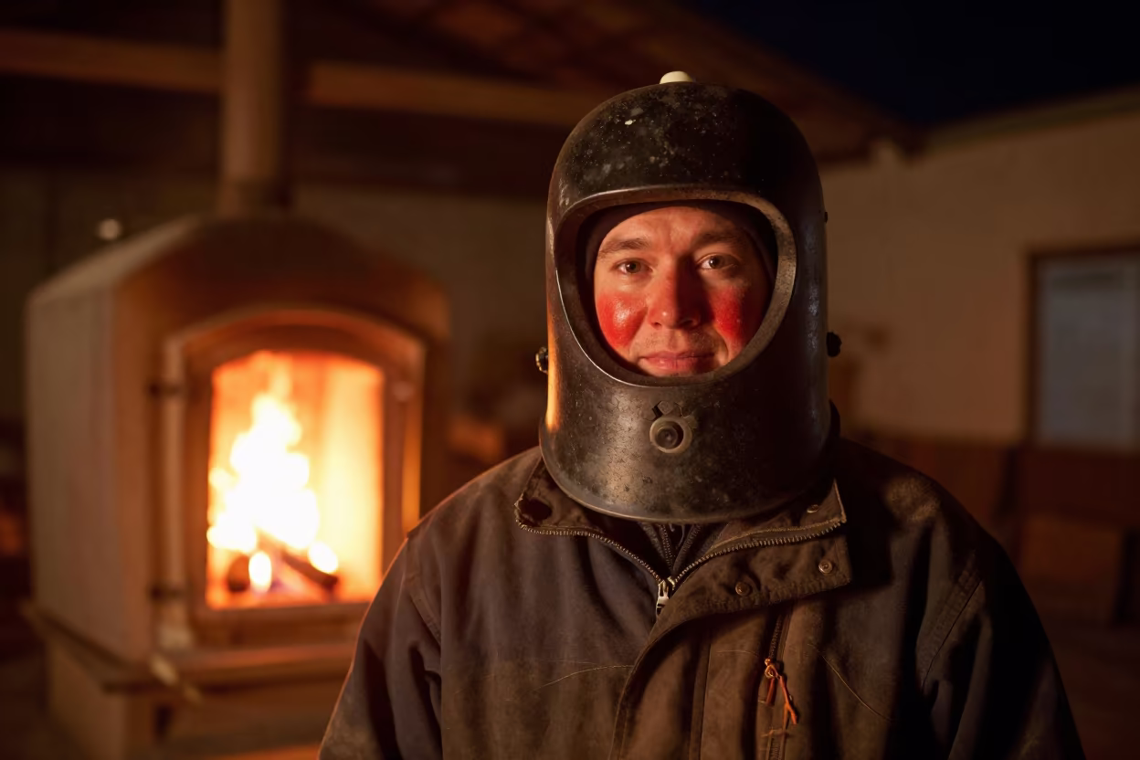 Kiln Tender Face in Firelight Thunder Bay Night in in Thunder Bay