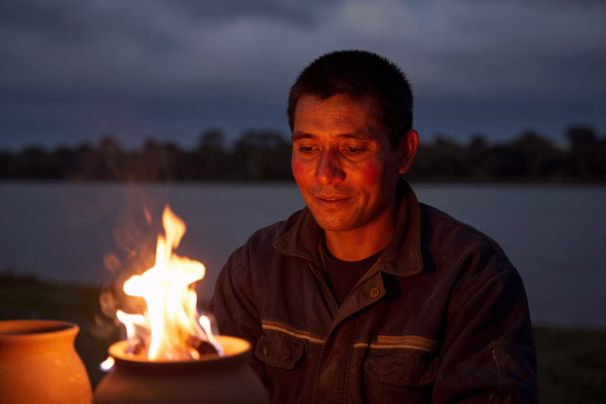 Kiln Tender Face Glowing Firelight Autumn Brisbane in near a riverside landing in Brisbane