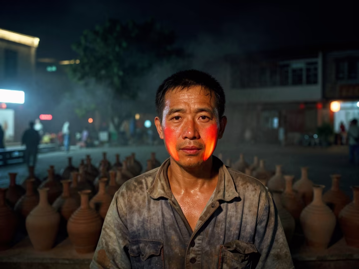 Kiln Tender in Fuzhou Mist in at a public square in Fuzhou