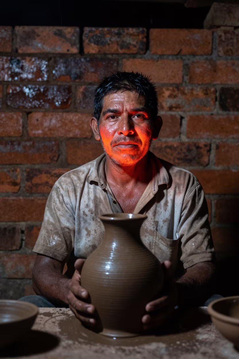 Kiln Tender Portrait in Maracay Night Firelight in in the old quarter in Maracay