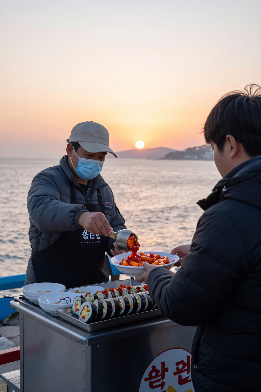 Kimbap in Busan at As The Sun Drops Toward The Horizon in in Busan, South Korea