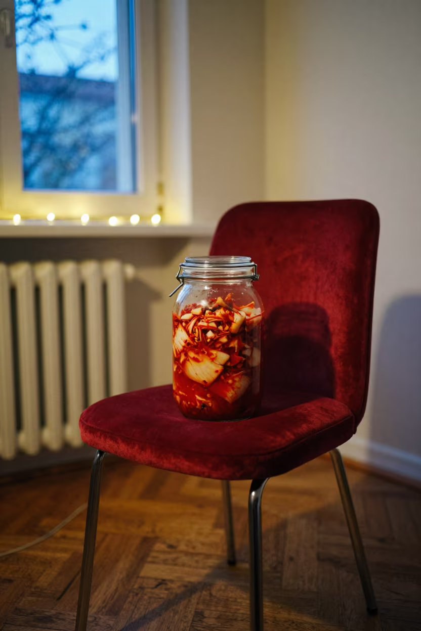 Kimchi Jar on Velvet Chair Berlin Blue Hour in on a velvet chair in Neukolln, Berlin