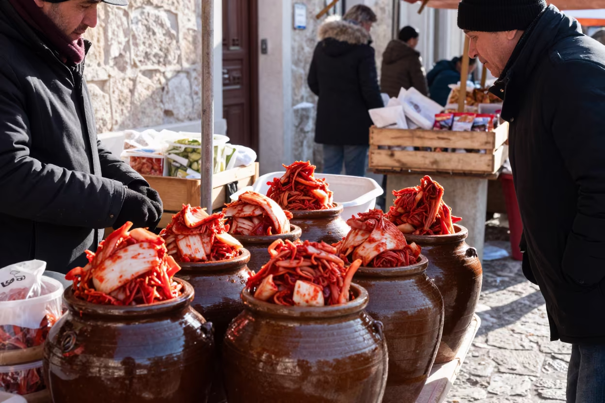 Kimchi Jars at Winter Market Stall in Pescara in at a market stall in Pescara