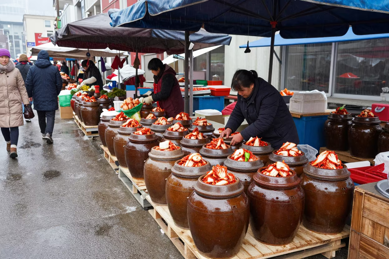 Kimchi Vendor Jars Seoul Market Canopy in under a market canopy in Genoa