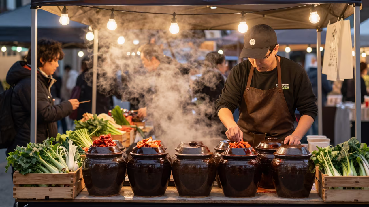 Kimchi Vendor Night Stall Chicago Market in at a market stall in Chicago