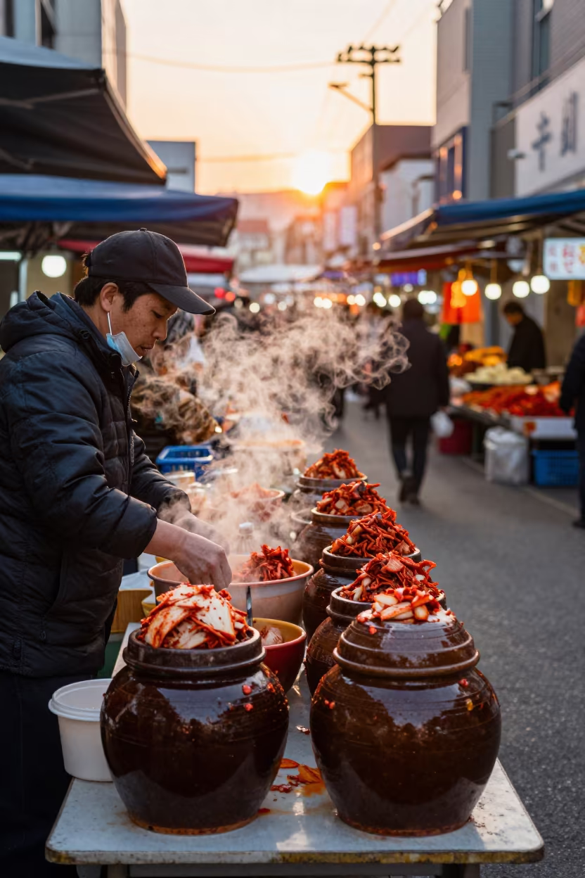Kimchi Vendor at Seoul Market Sunset in at a spice vendor's table in Gwangju