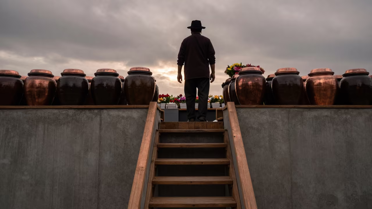 Kimchi Vendor Staircase Divergence at Flower Auction in at a flower auction bench in Liverpool