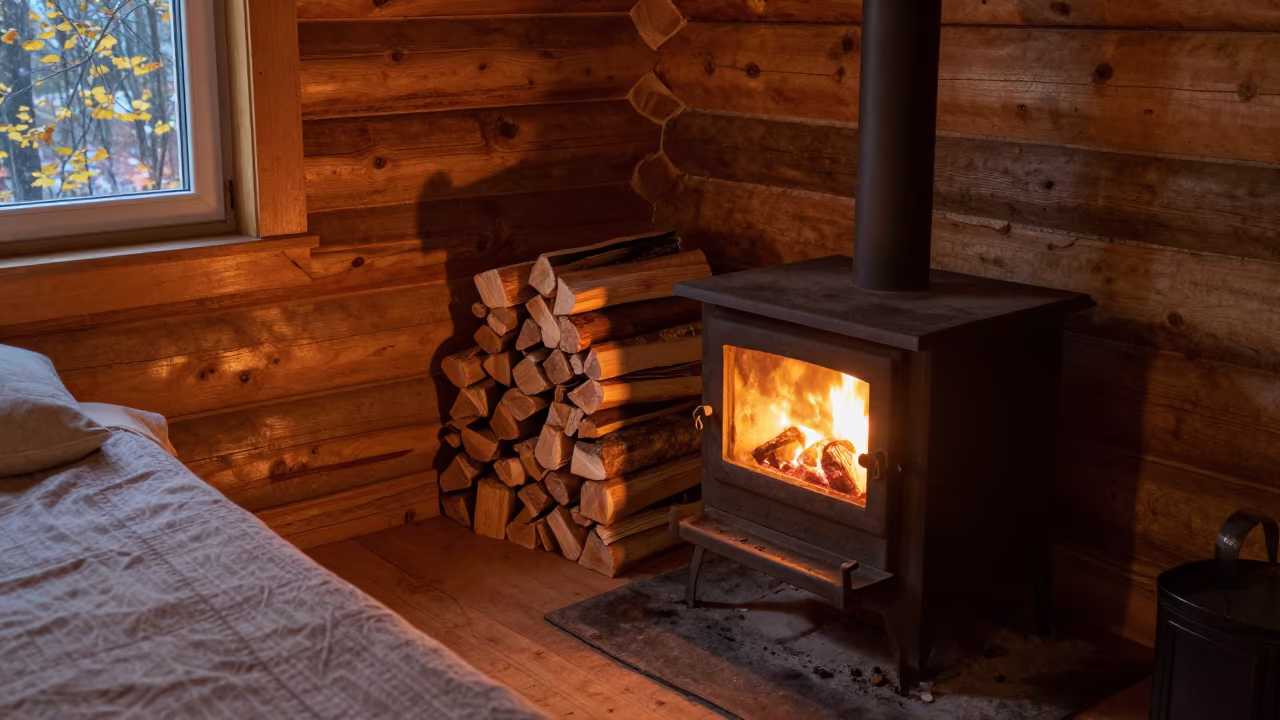 Kindling Stack Beside Fireplace in Candlelit Bedroom in in a candlelit bedroom near Chirchiq