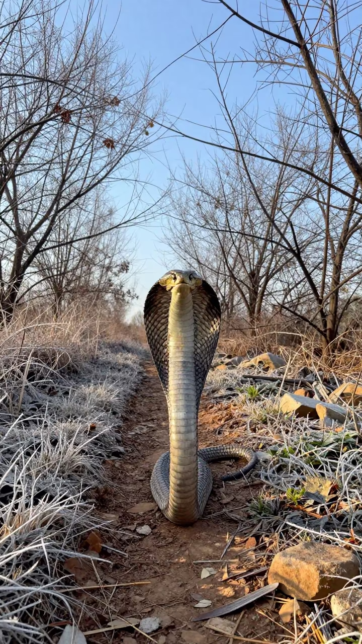 King Cobra Hood Spread Winter Frost Trail in along a game trail near Kunming