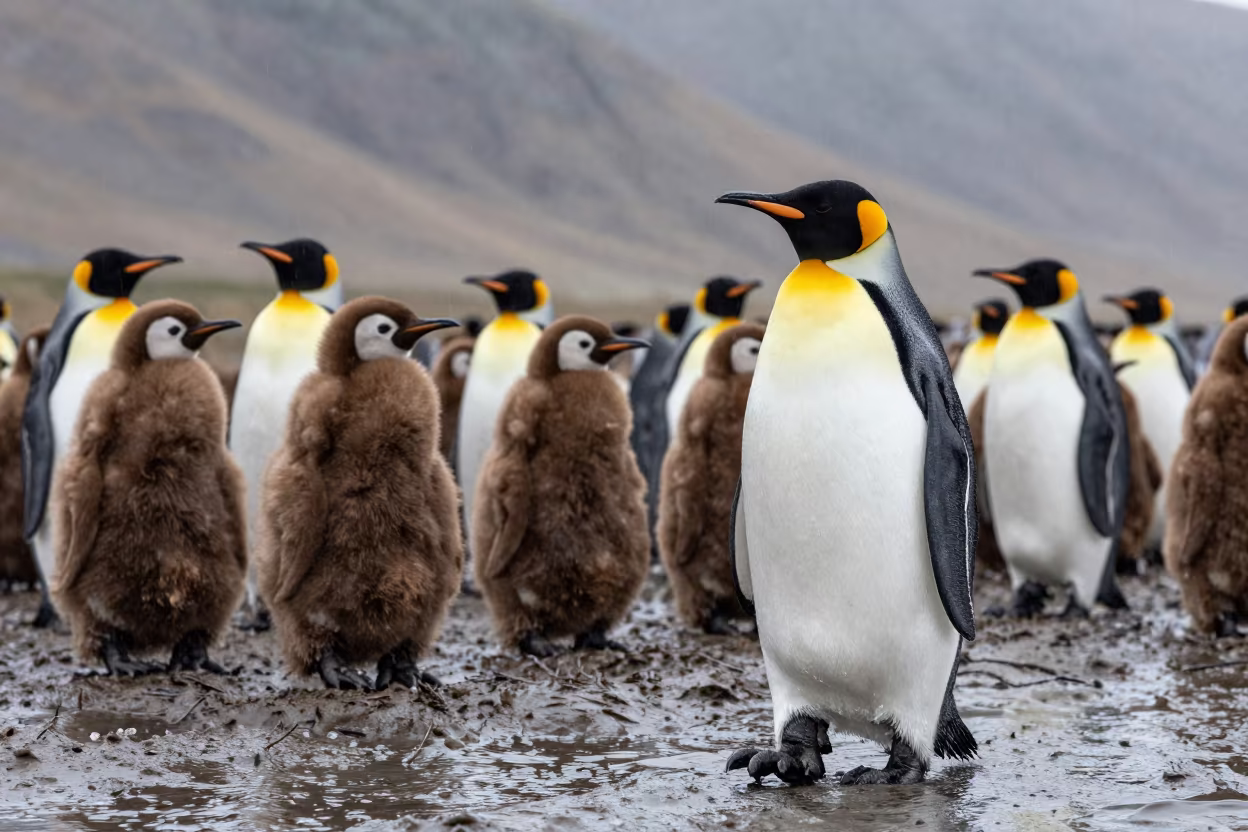 King Penguin Colony Chicks Rain in beside a tidal inlet near Bologna