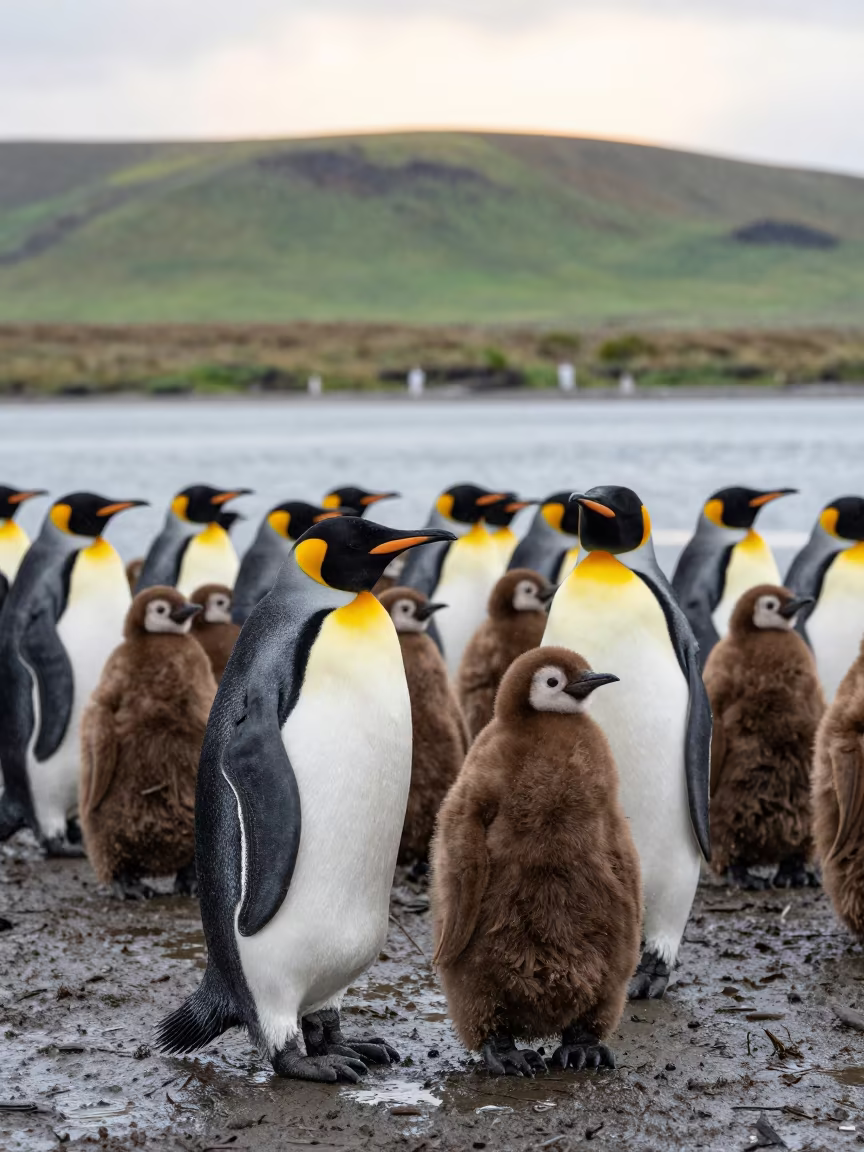 King Penguin Colony Chicks Tidal Inlet After Rain in beside a tidal inlet near Musoma