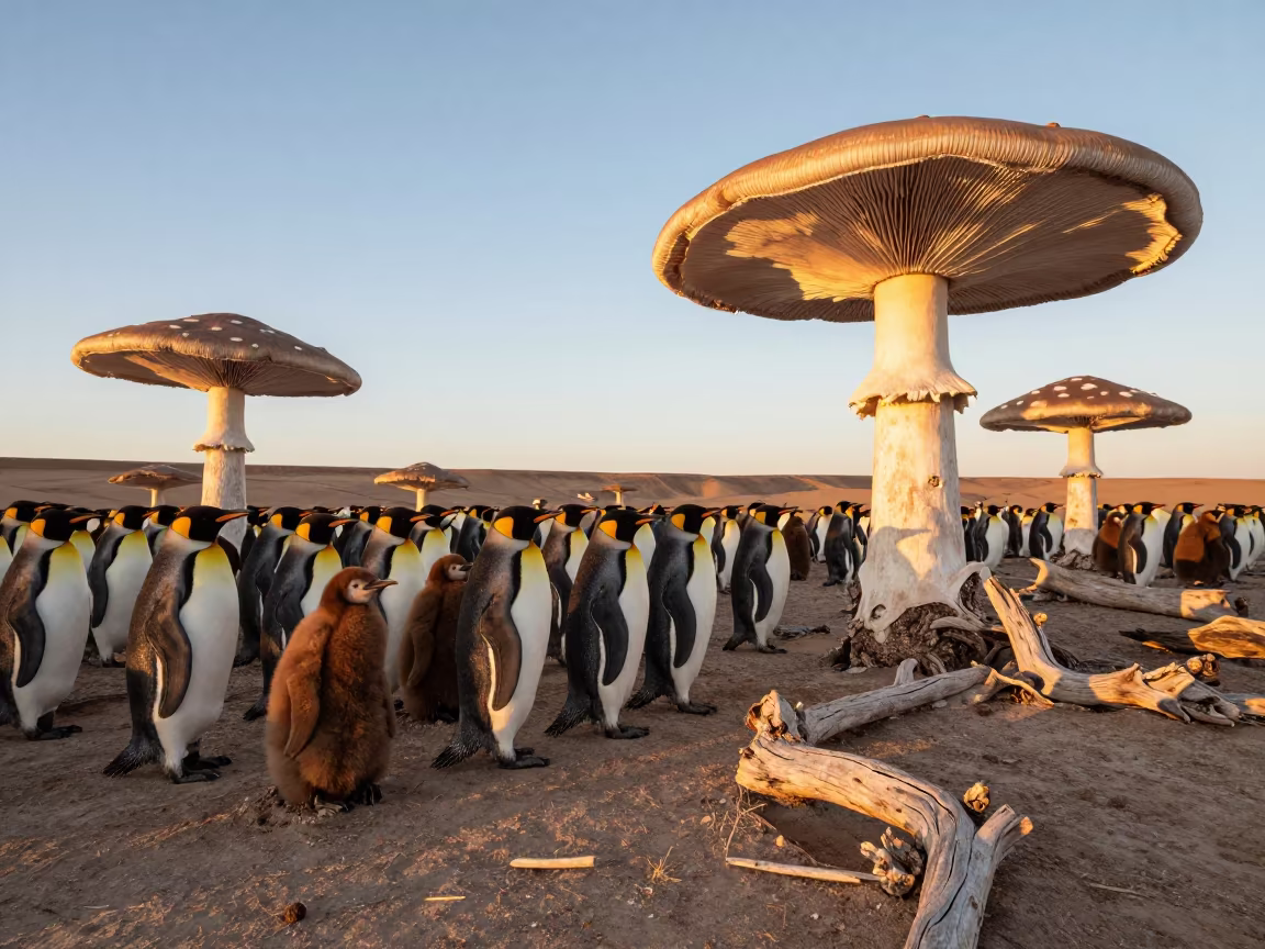 King Penguins and Giant Mushrooms at Sahara Sunset in beside a tidal inlet in the Sahara