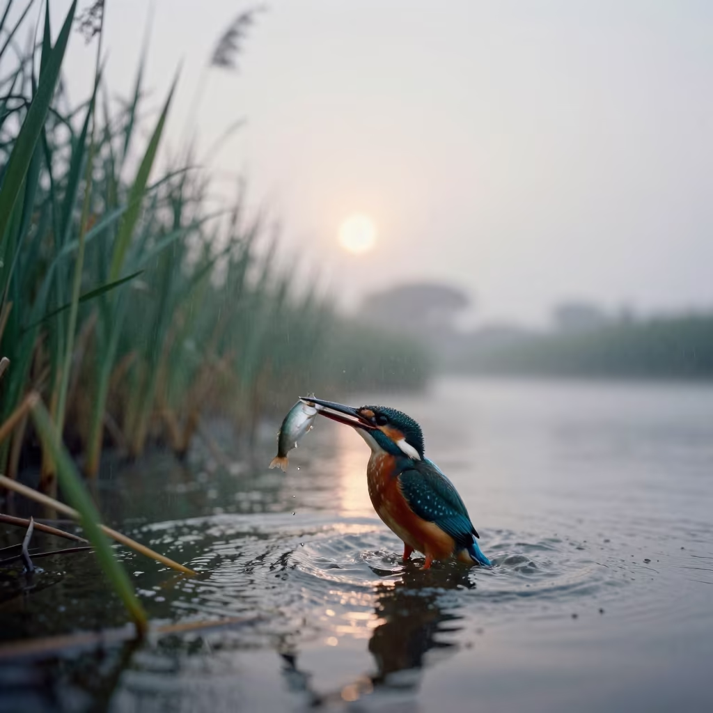 Kingfisher Emerging from Water with Fish in at the edge of a reed bed in the French Riviera