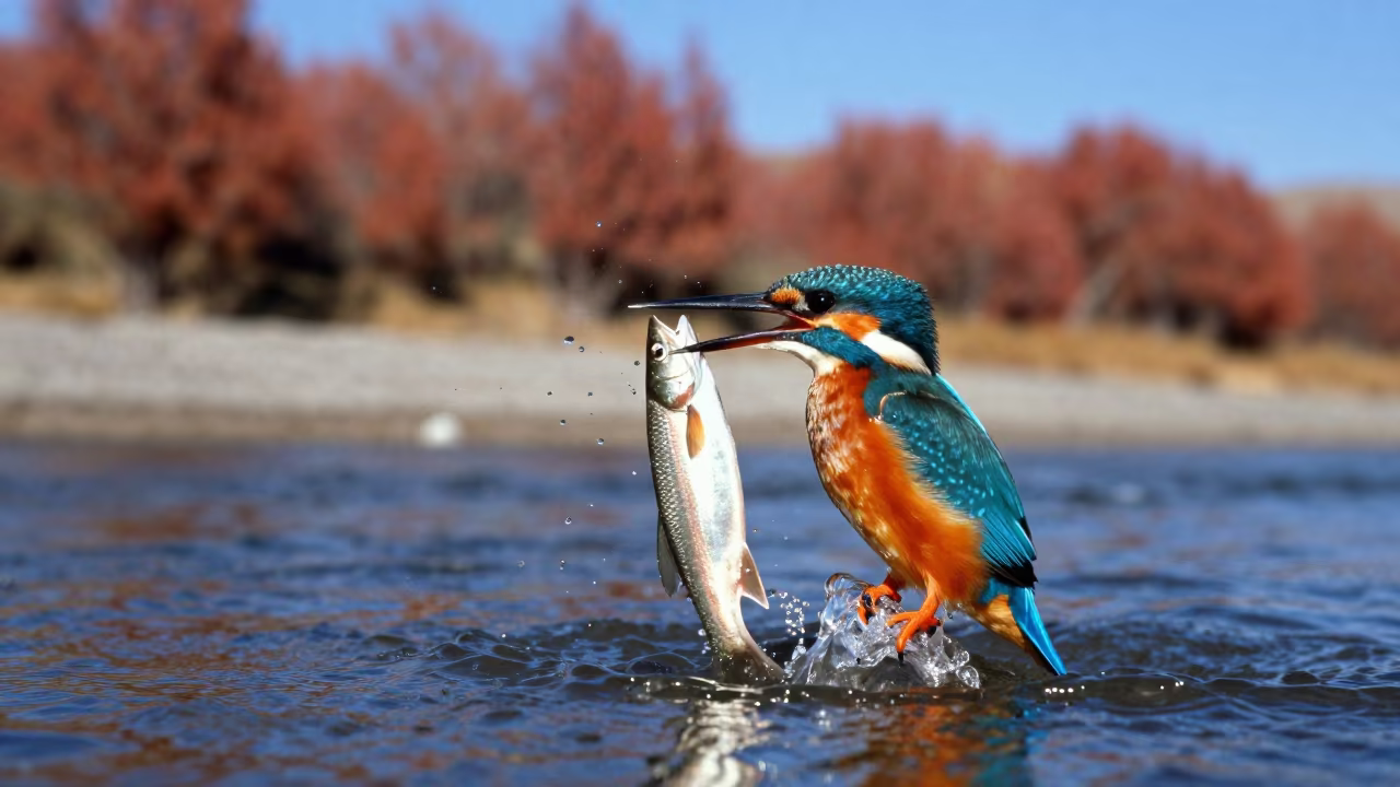 Kingfisher Erupting With Fish in Autumn Tibet in in Tibet