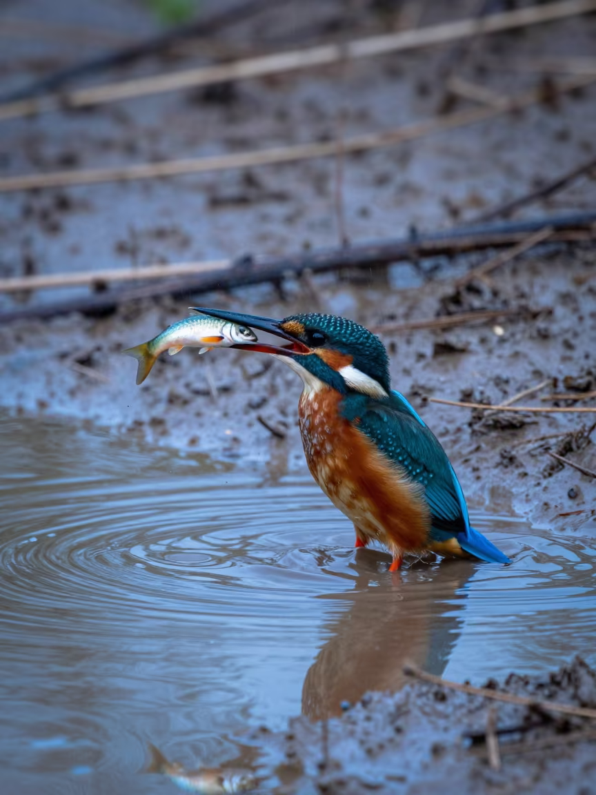 Kingfisher Diving with Fish in Evening Rain in along a game trail near Mecca