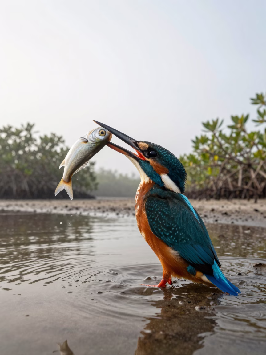 Kingfisher Erupts From Water With Fish in beside a tidal inlet in Belize