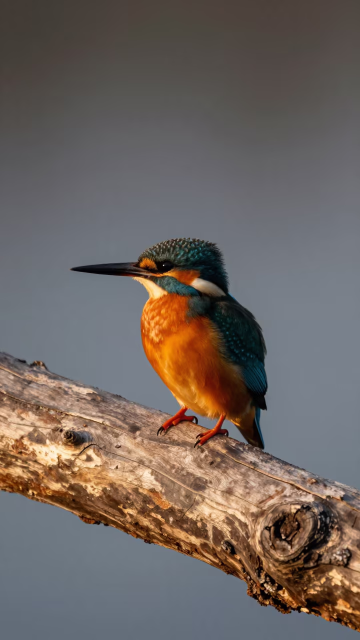 Kingfisher Perched on Hollow Log in Evening Light in near Yokohama
