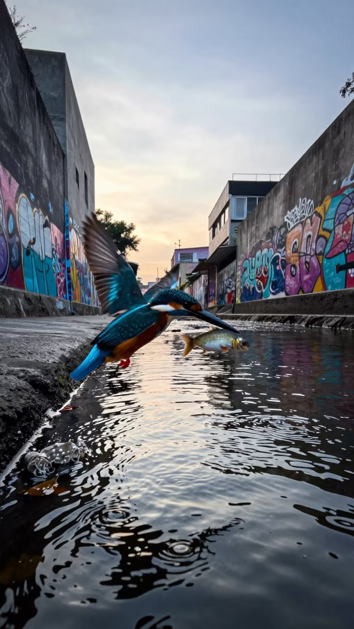 Kingfisher Snatching Fish in Bogota Dawn in near Graffiti District, Bogota