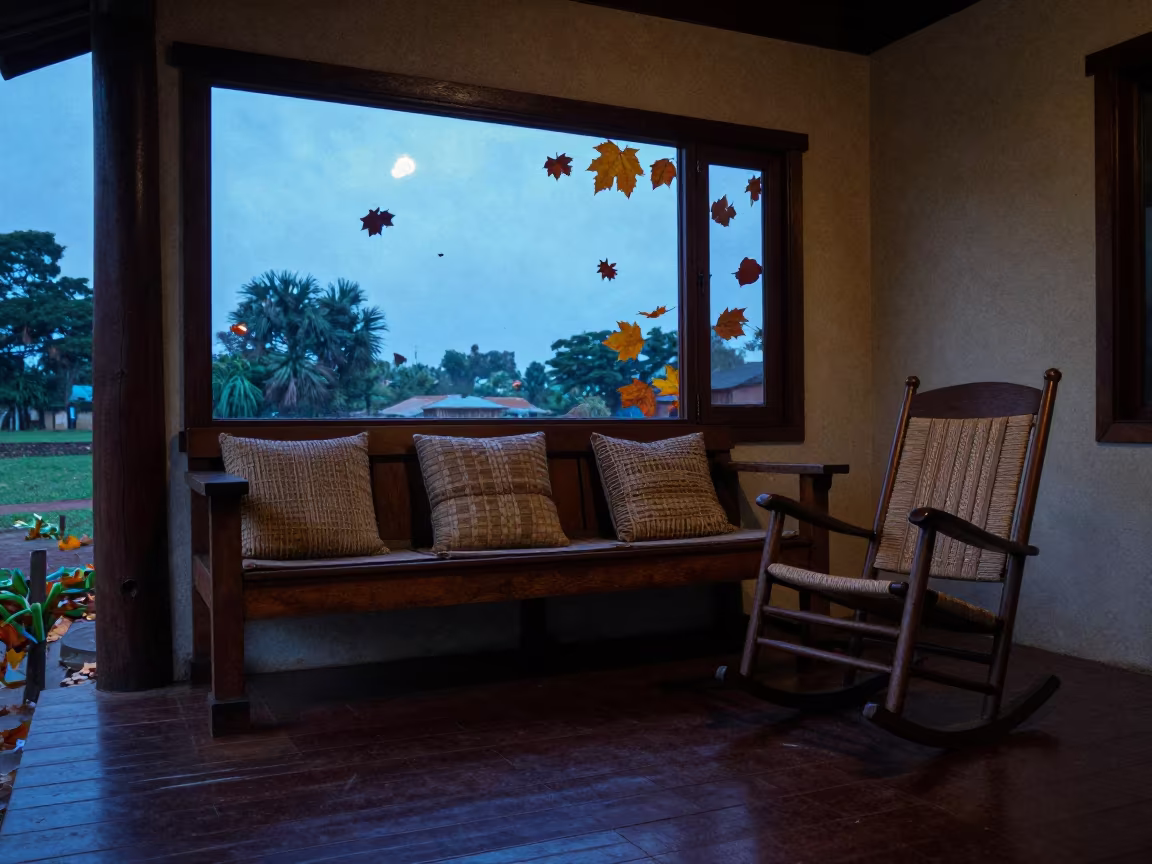 Kinshasa Porch Window Bench Dry Season Twilight in on a porch with a rocking chair in Kinshasa