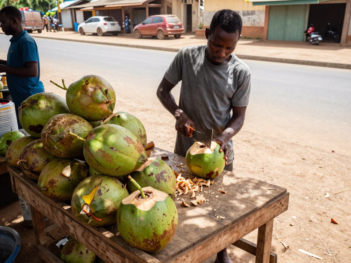 Kinshasa Vendor Hacking Green Coconuts with Machete in at a roadside fruit stand in Kinshasa