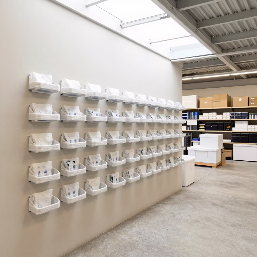 Kiosk Wipe Caddy in London Stockroom Skylight in inside a stockroom behind the sales floor near Brixton, London