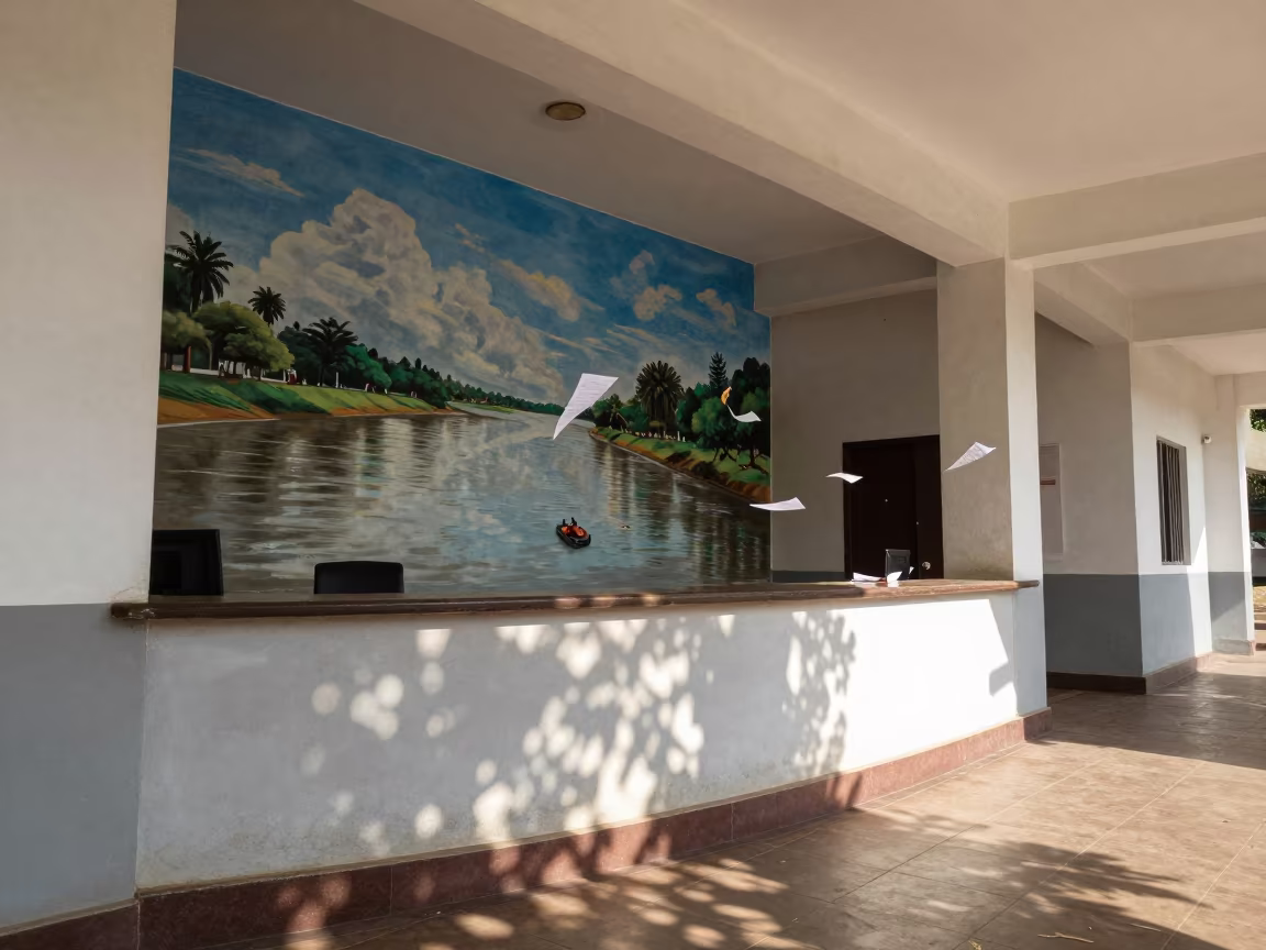 Kisangani City Hall Reception Desk Under Riverfront Mural in in a courthouse corridor in Kisangani