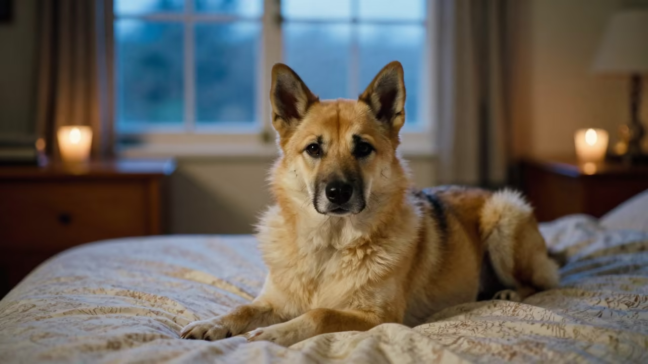 Kishu Ken Dog Resting on Bedspread in Candlelight in on a bedspread near a bright window with calm indoor light in Osu, Accra