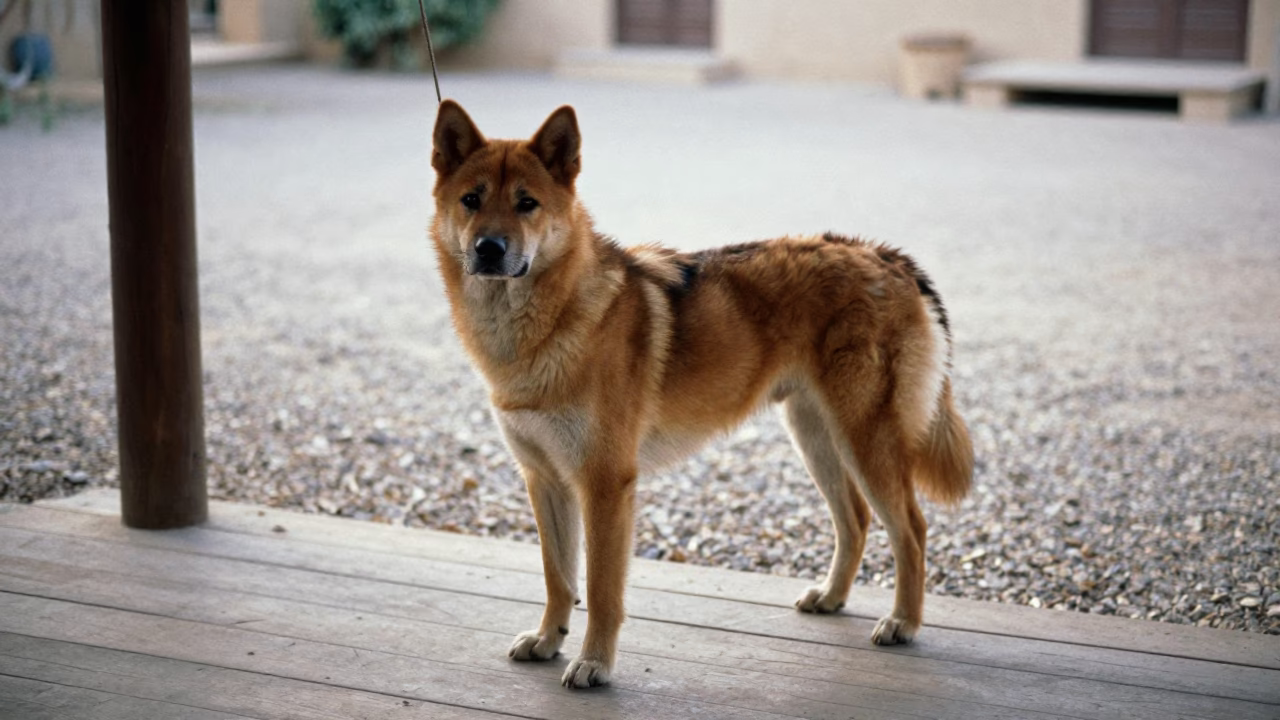 Kishu Ken on Riyadh Porch Morning Light in near a garden edge with soft morning light and an uncluttered background near Riyadh