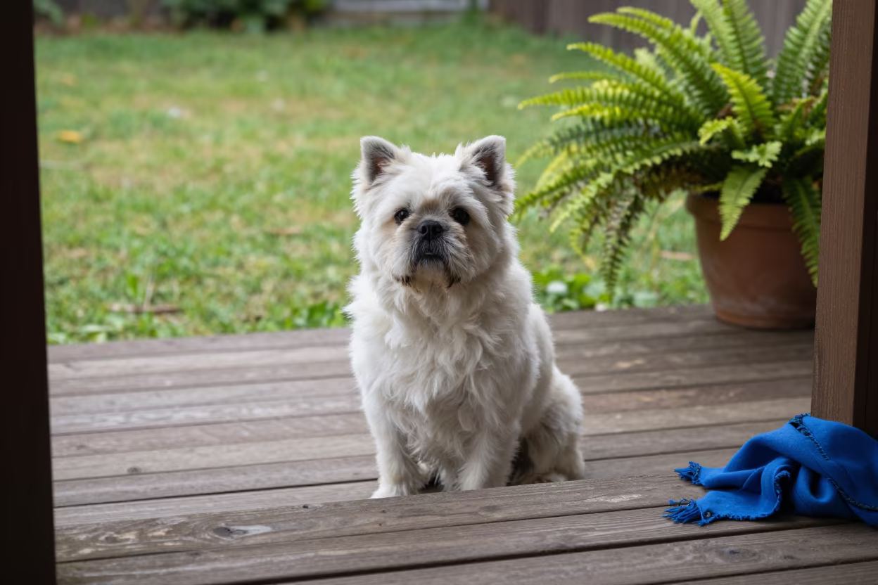 Kishu Ken on Shaded Porch in Yola Yard in in a small yard with clipped grass, calm light, and the animal centered in frame near Yola