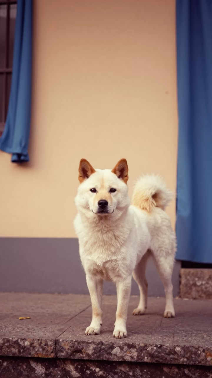 Kishu Ken Portrait Beside Courtyard Wall in Late Autumn in beside a plain courtyard wall in clear daylight with the animal at eye level near Hangzhou