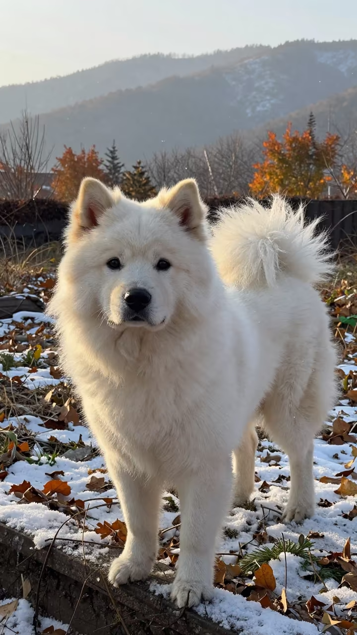 Kishu Ken Portrait in Late Autumn Snow in near a garden edge with soft morning light and an uncluttered background in Sheikhupura