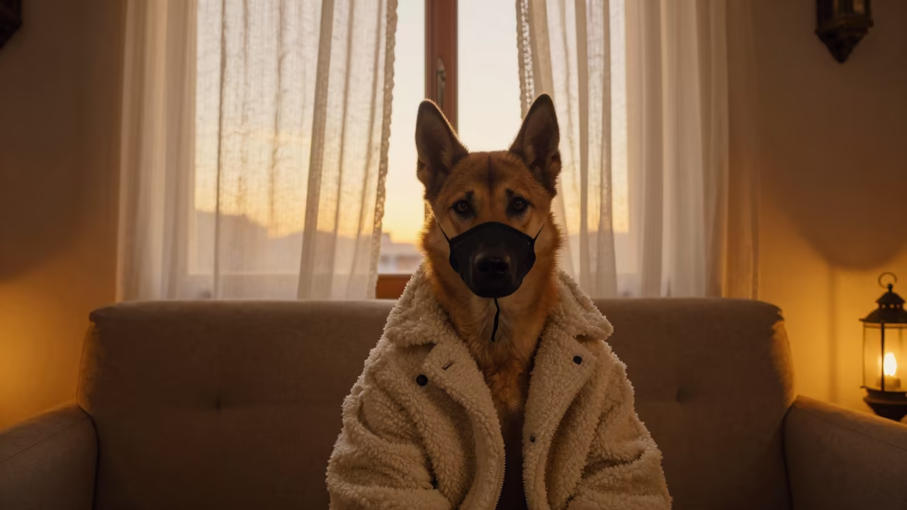 Kishu Ken Portrait Near Curtained Window in on a sofa near a curtained window with calm indoor light in Guelmim