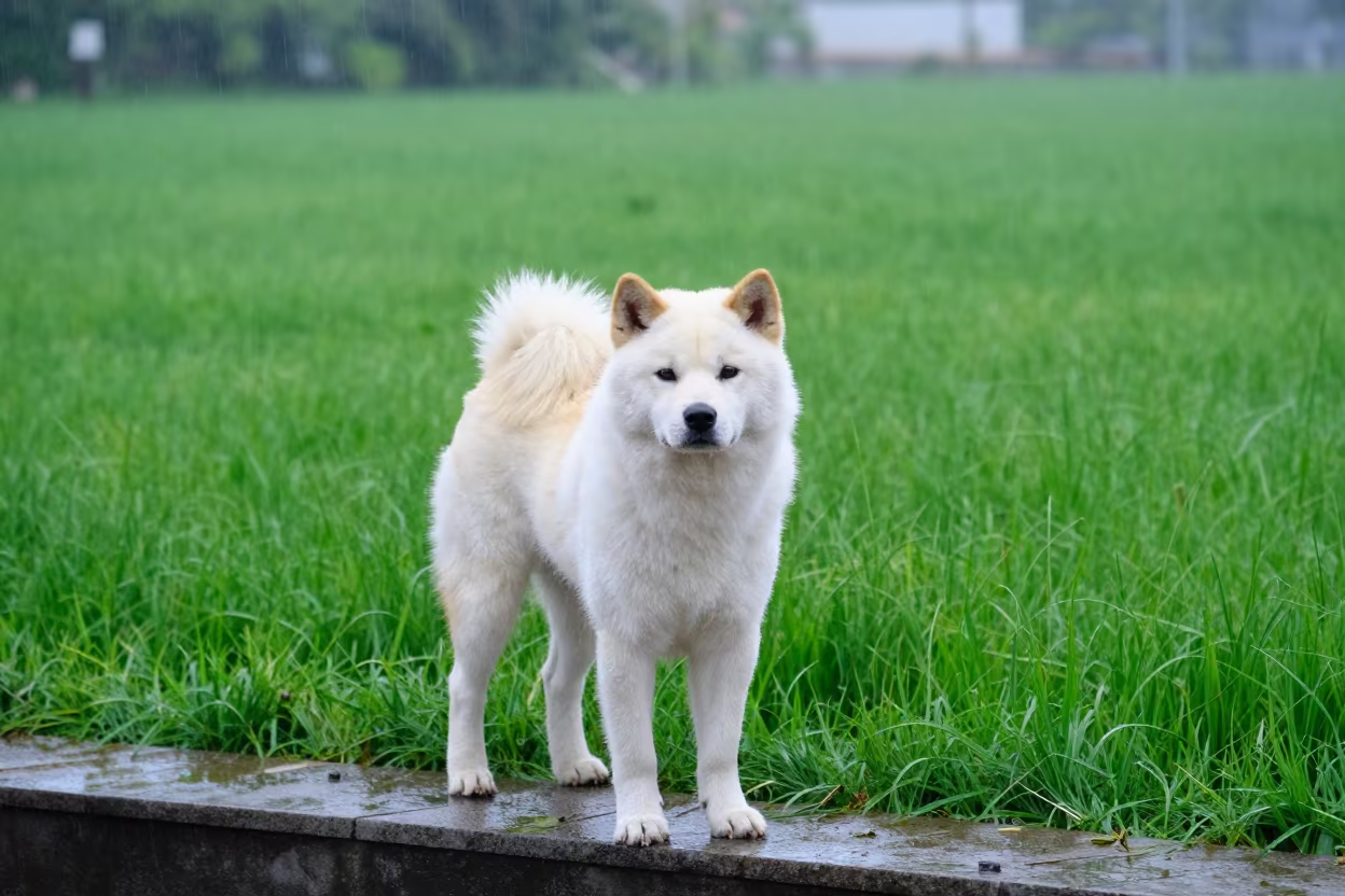 Kishu Ken Portrait Near Garden Edge in near a garden edge with soft morning light and an uncluttered background in San Juan